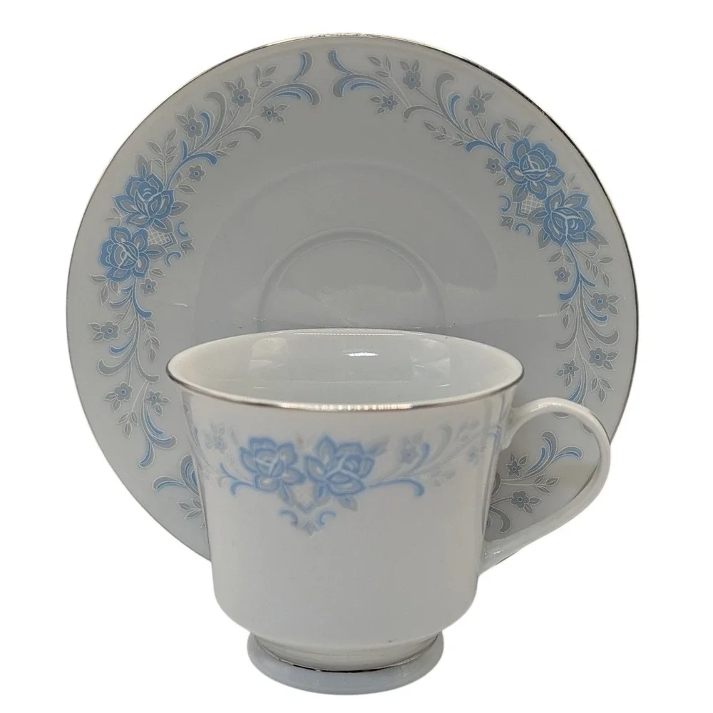 Vintage China‎ Teacup and Saucer Footed Blue and Gray Floral Platinum Edge